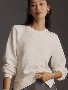 Anthropologie White Sequin Ribbed Crewneck Sweater